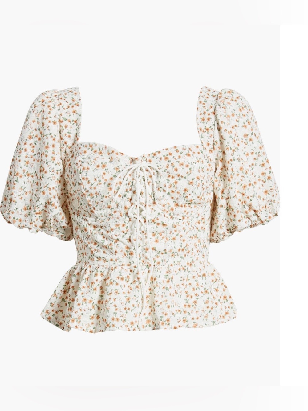 Floral Puff Sleeve Lace-Up Peplum Top - White/Peach